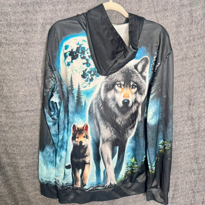 Wolf Full Zip Hoodie Graphic Print Moon Forest 100% Polyester Size L image 8