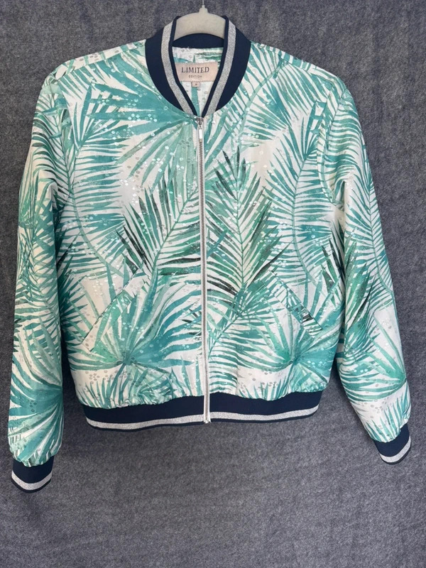 M&S Limited Edition Palm Leaf Metallic Bomber Jacket UK 8 Green Silver