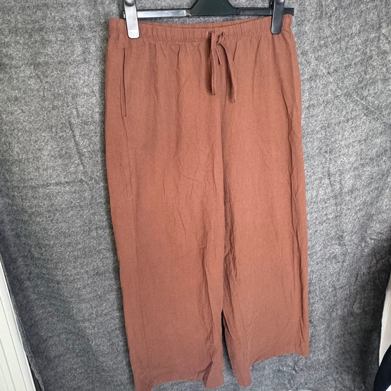 Brown Cotton Linen Blend Elastic Drawstring Waist Trousers Culottes Size L