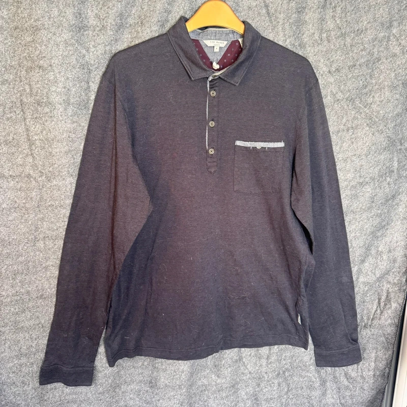 Ted Baker Men's Long Sleeve Polo Shirt Size 4 L Charcoal Striped 100% Cotton