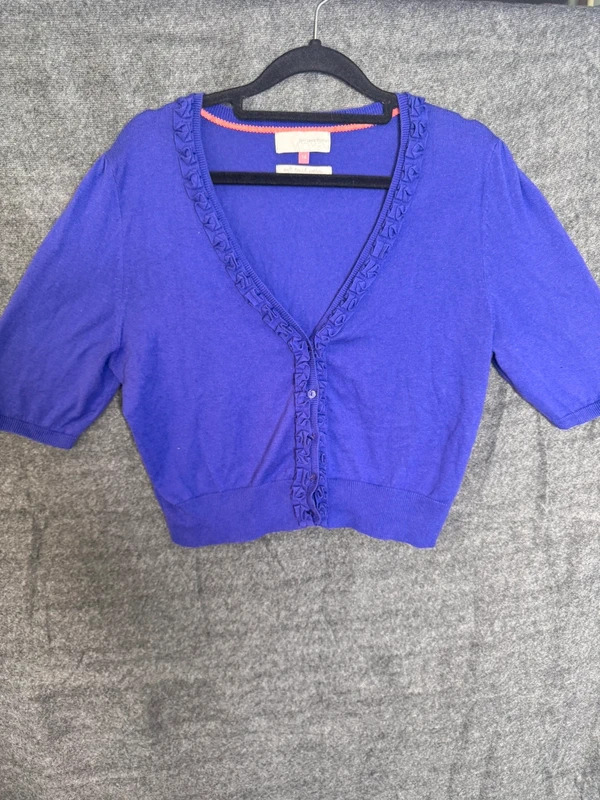 John Lewis Women Purple Ruffle V-Neck Cardigan Short Sleeve 100% Cotton UK 14