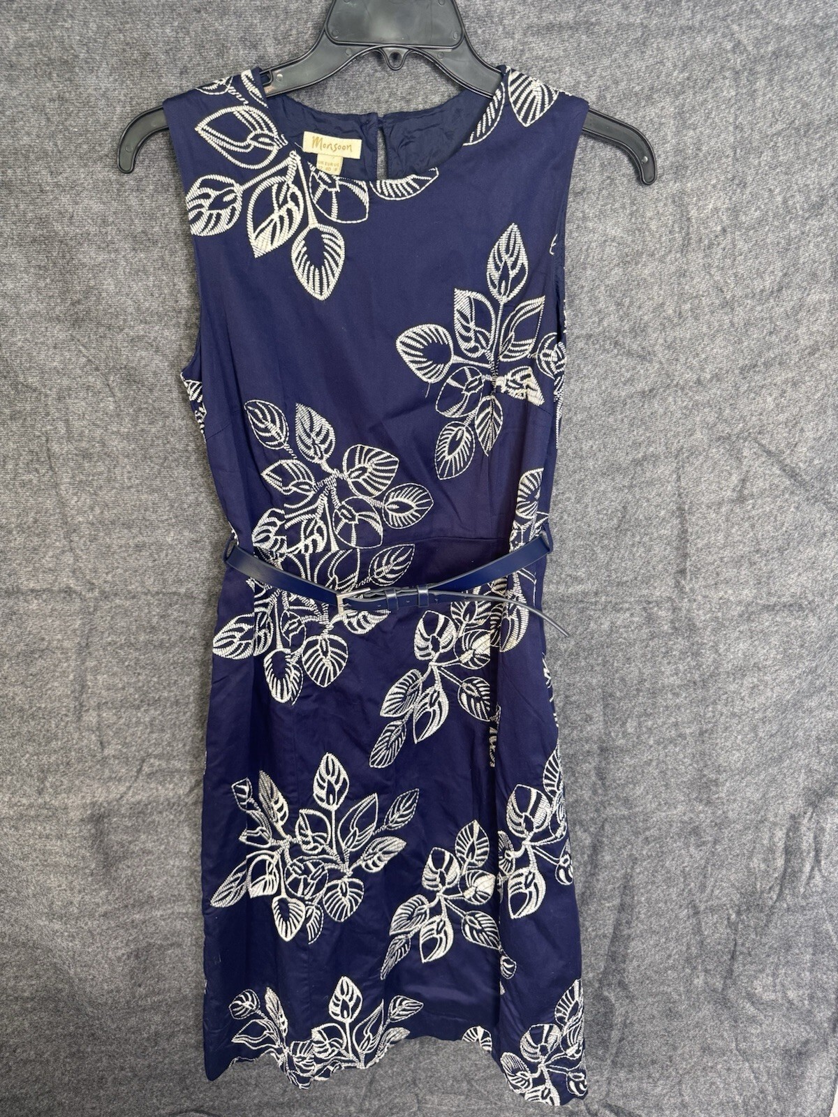 MONSOON Navy Blue White Leaf Embroidered Belted Shift Midi Dress UK 12 EU 40