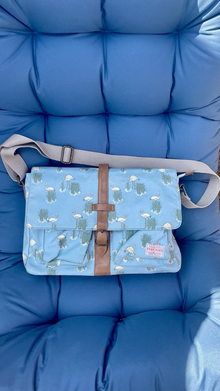 Brakeburn Light Blue Crane Flamingo Print Canvas Messenger Bag Satchel