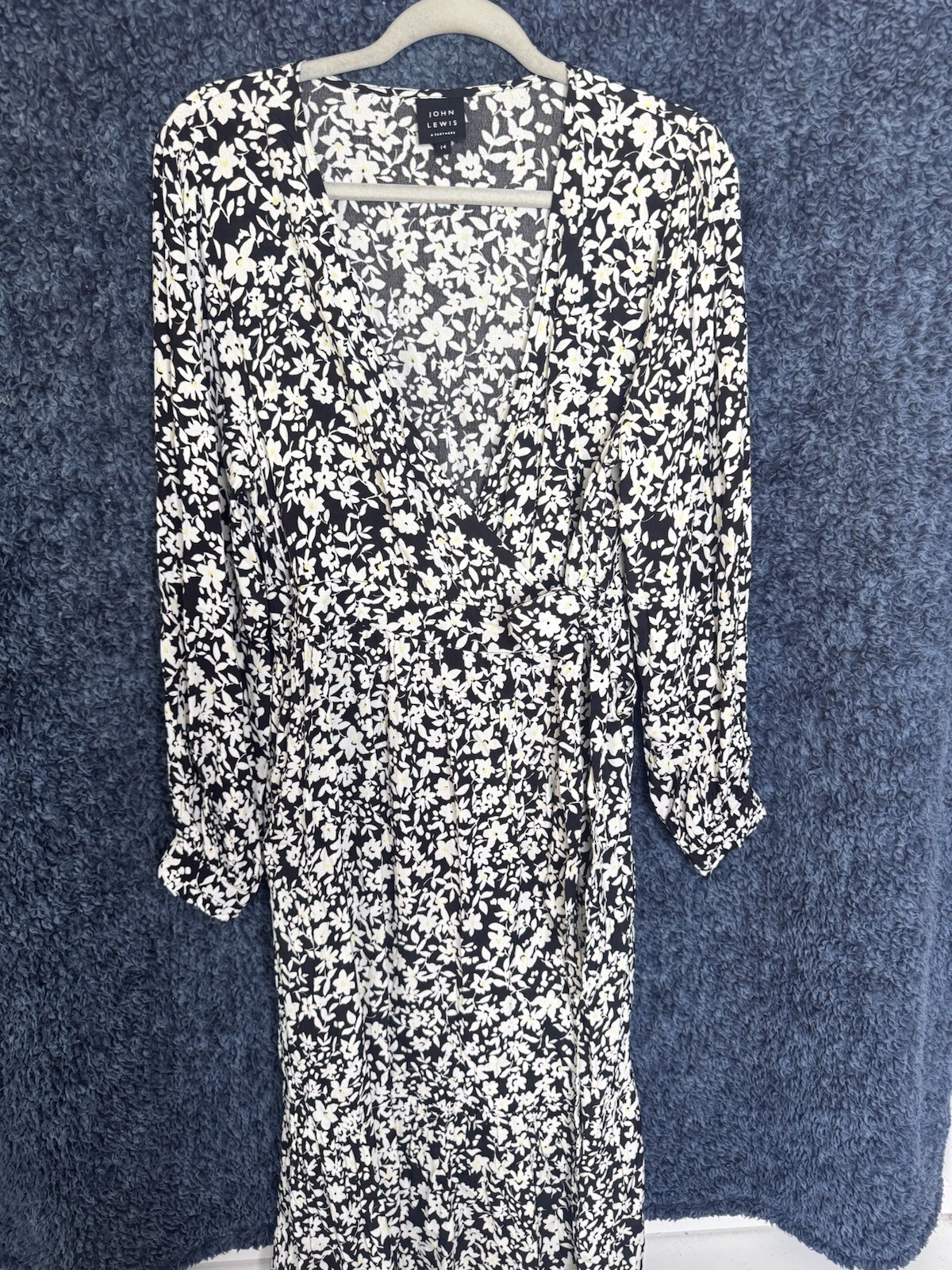 John Lewis Black Floral Long Sleeve Wrap Midi Dress Pockets Size 14