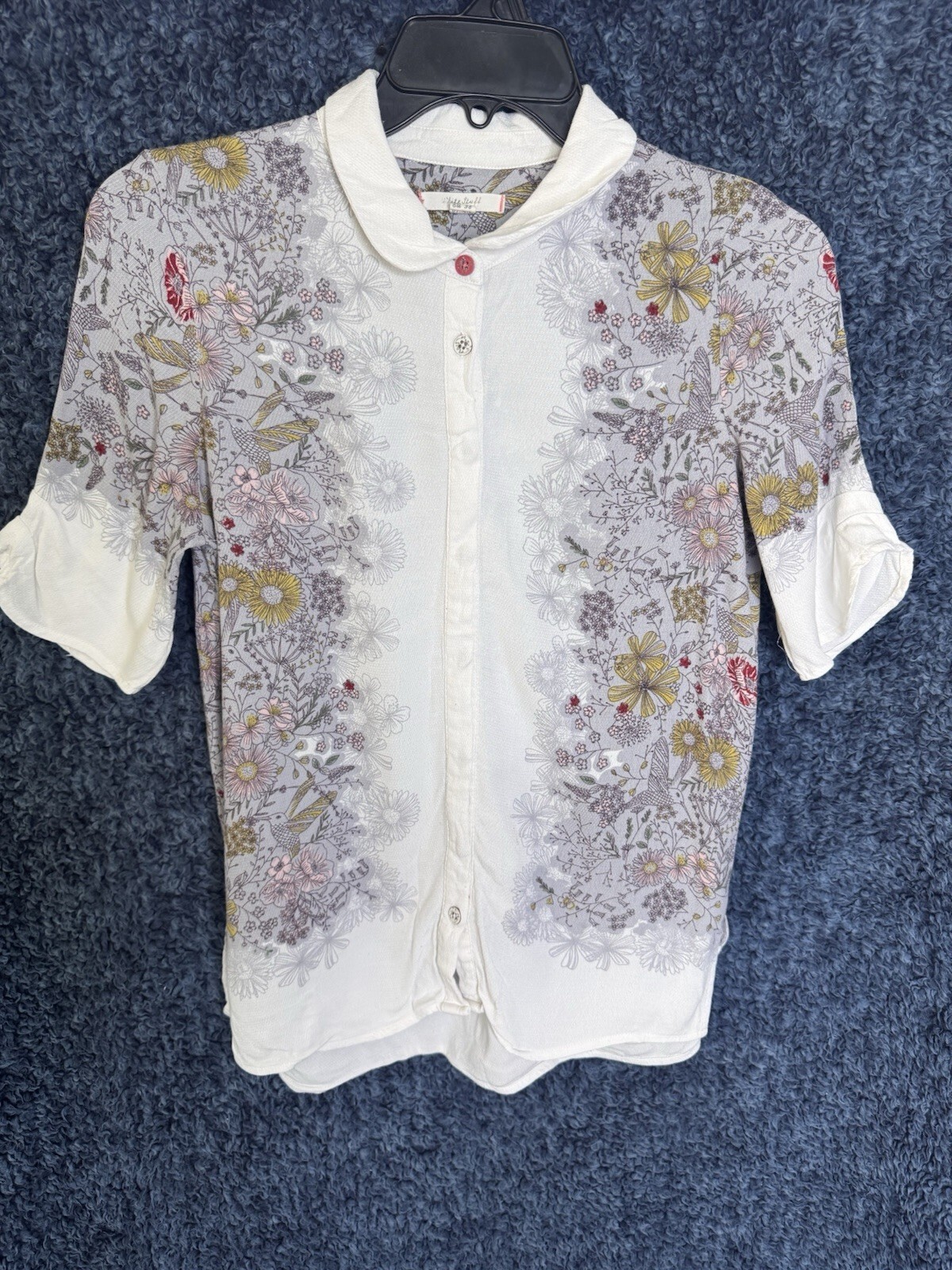 White Stuff Size 10 Floral Hummingbird Blouse White Peter Pan Collar Viscose