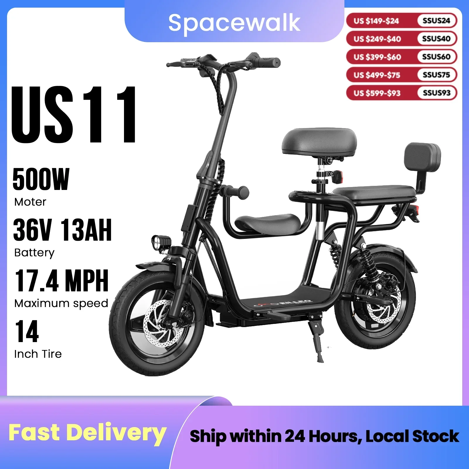 Spacewalk Black Electric Scooter US 11 500W 36V 13AH Battery