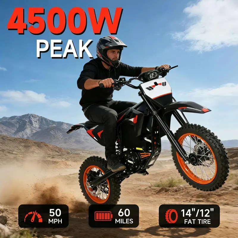 Electric Dirt Bike Black & Orange 4500W Peak 50 MPH 60 Miles Range