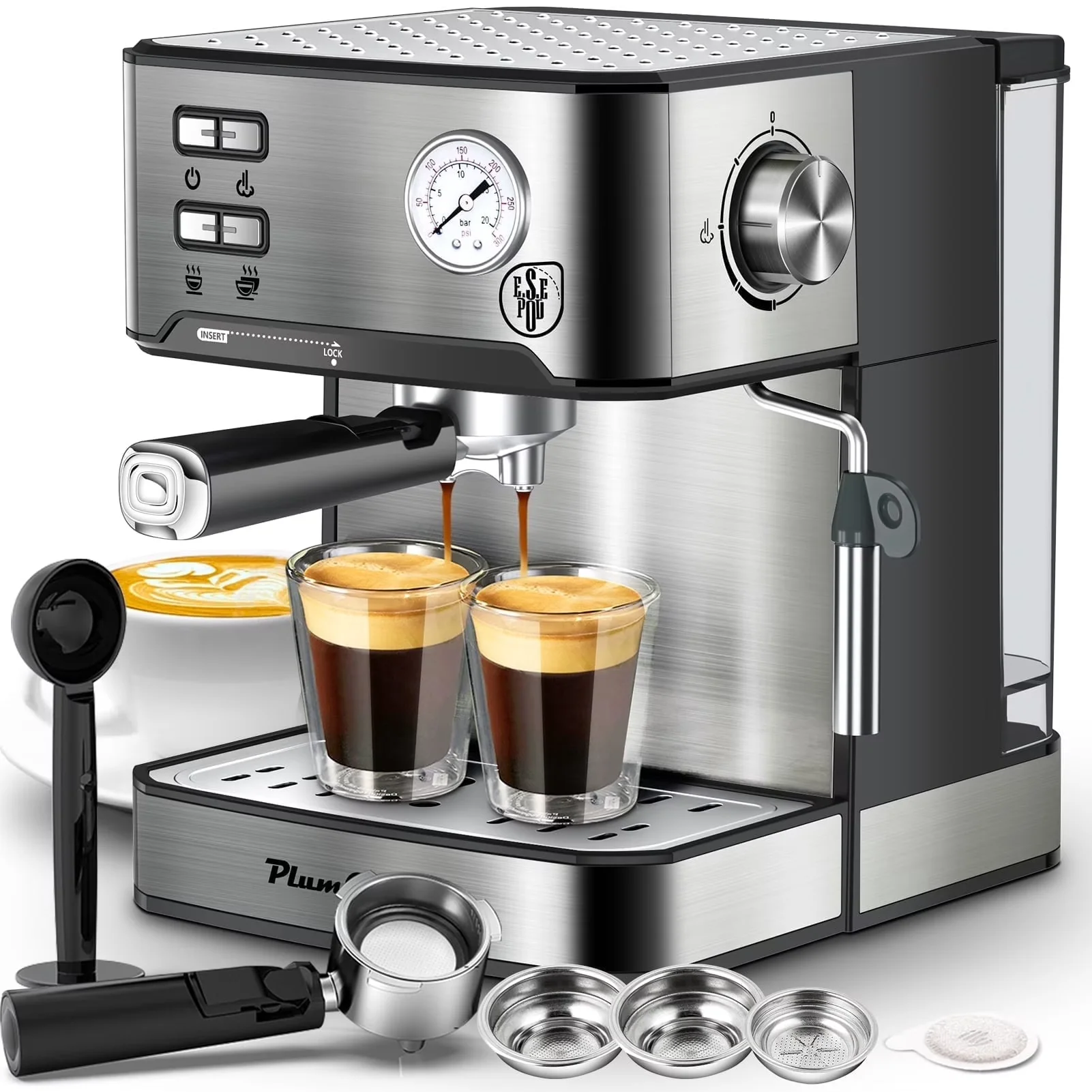 PlumChef Stainless Steel Espresso Coffee Machine with 20 Bar Pump Pressure