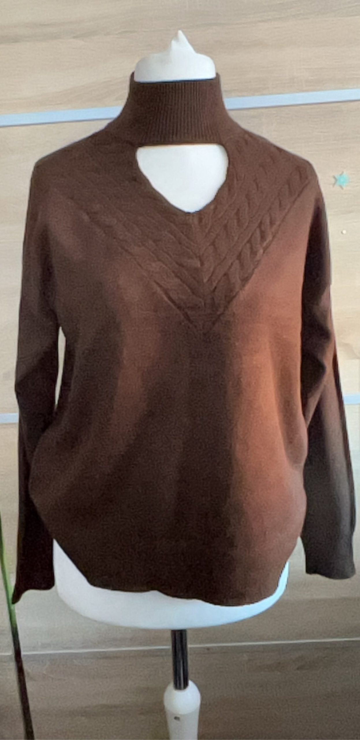 Bluoltre Brown Women's Cable Knit High Neck Jumper Medium 81% Viscose