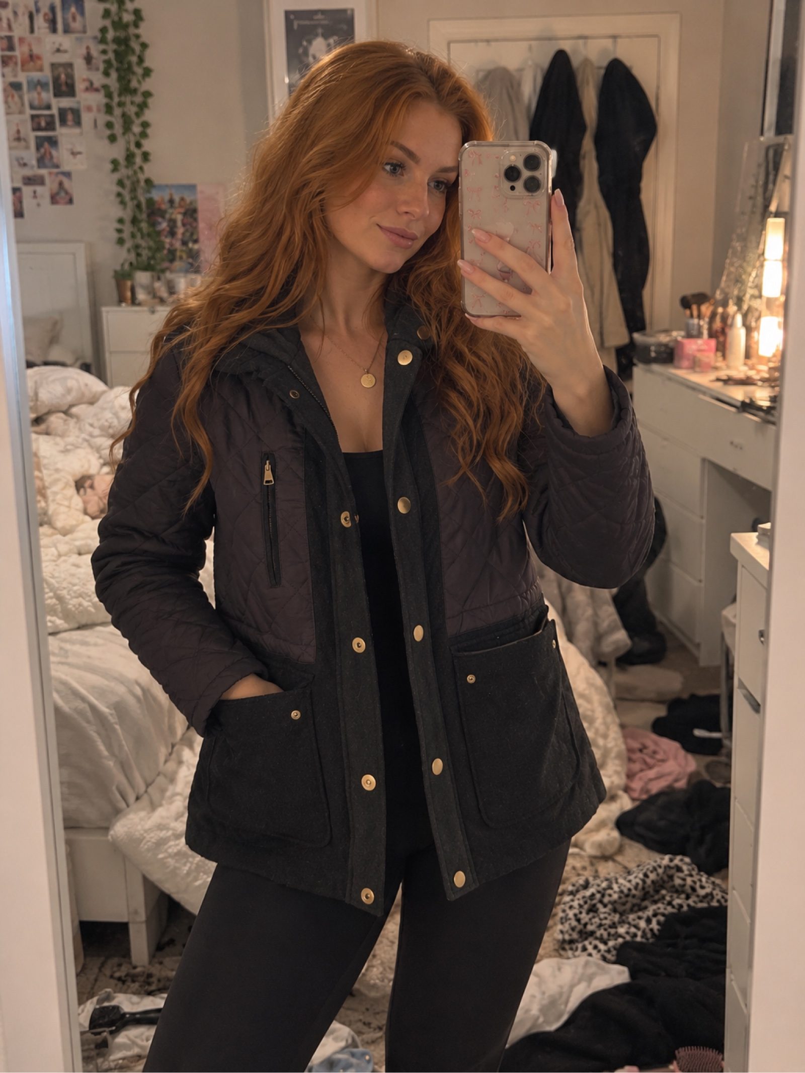 Topshop Black Quilted Hooded Jacket Coat Gold Button Detail UK 12