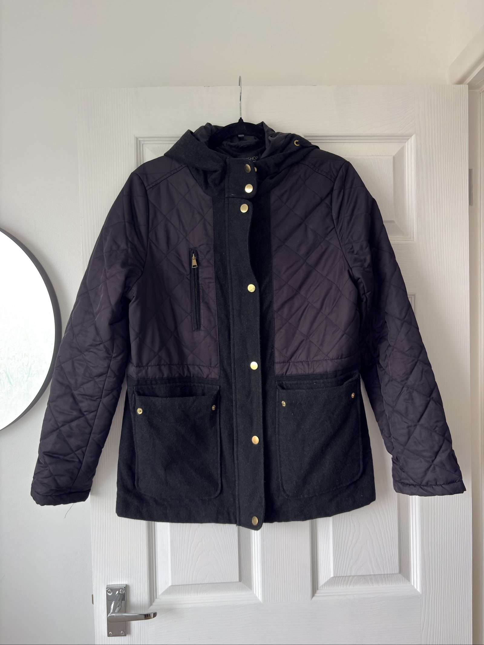 Topshop Black Quilted Hooded Jacket Coat Gold Button Detail UK 12 image 2