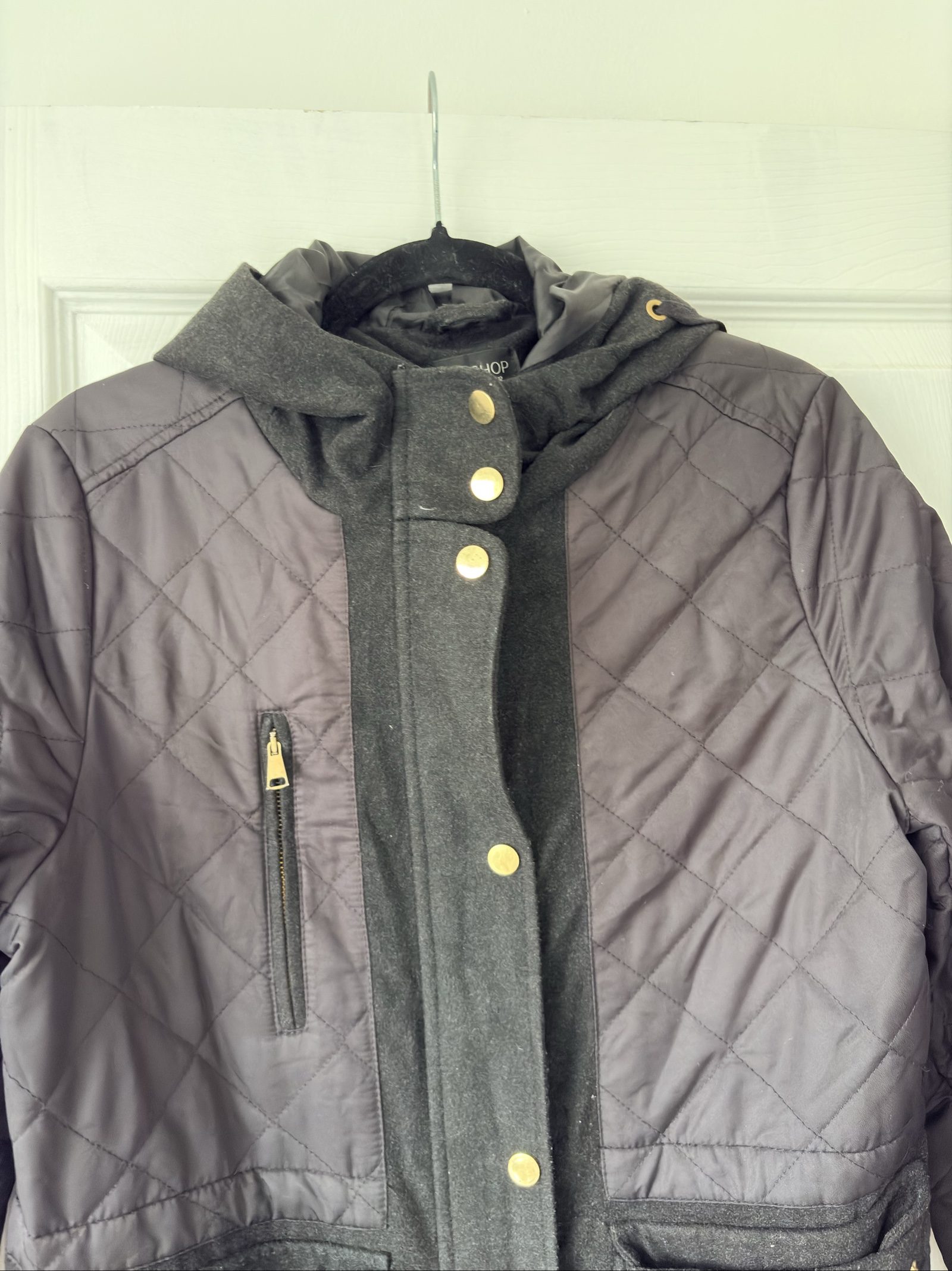 Topshop Black Quilted Hooded Jacket Coat Gold Button Detail UK 12 image 5