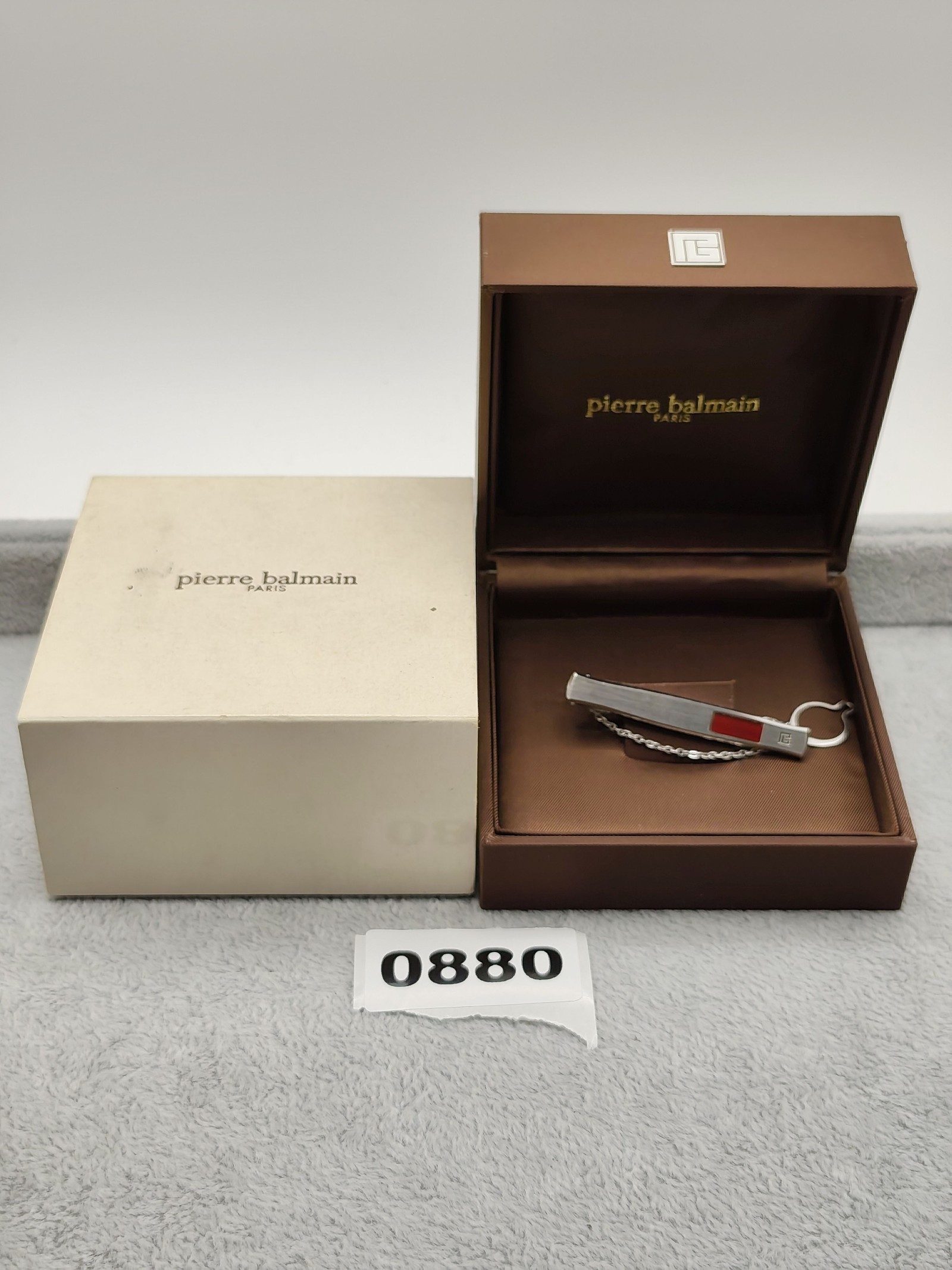 Pierre Balmain Silver & Red Tie Clip with Chain & Ring