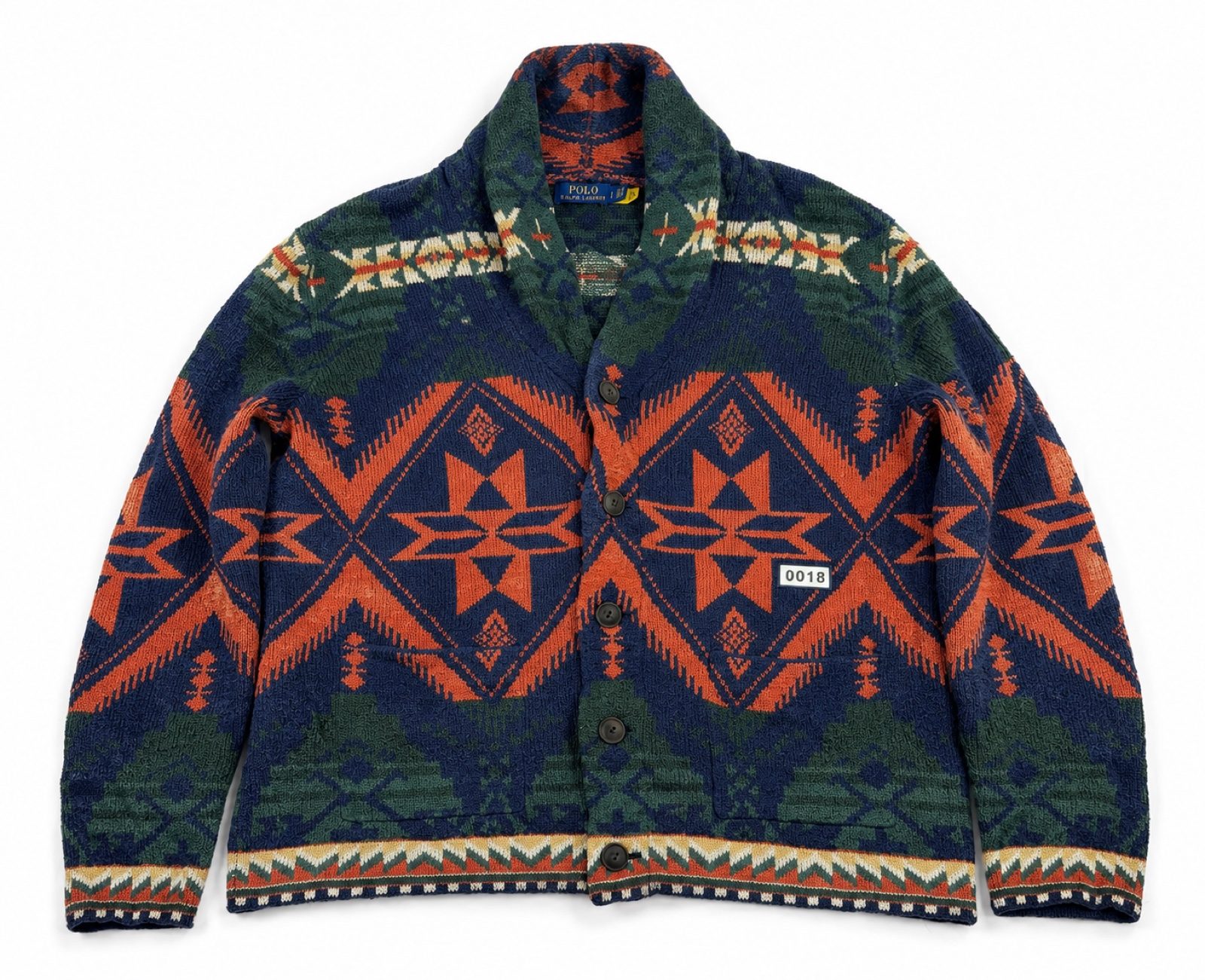 Polo Ralph Lauren vintage Men's Navy, Orange & Green Patterned Knit Cardigan Large