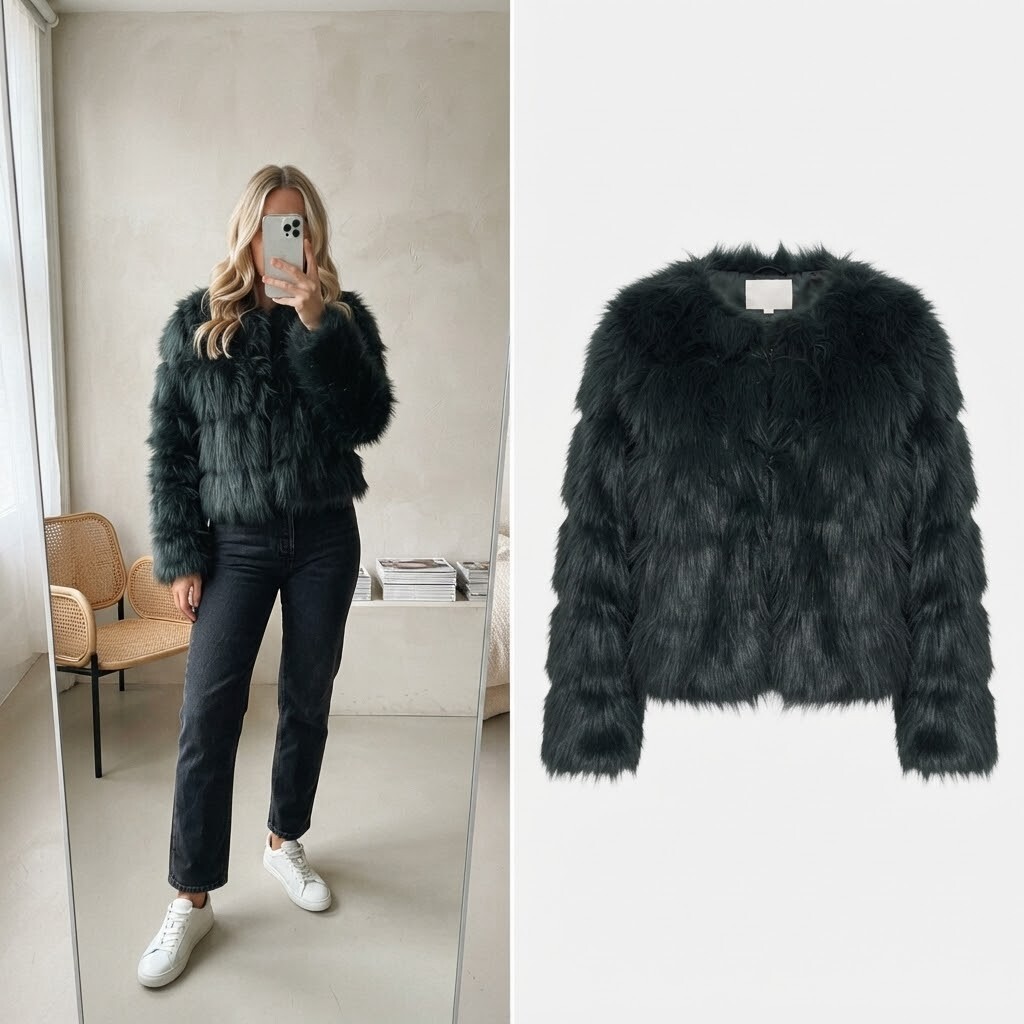 Vera & Lucy Dark Green Faux Fur Short bomber Jacket Medium