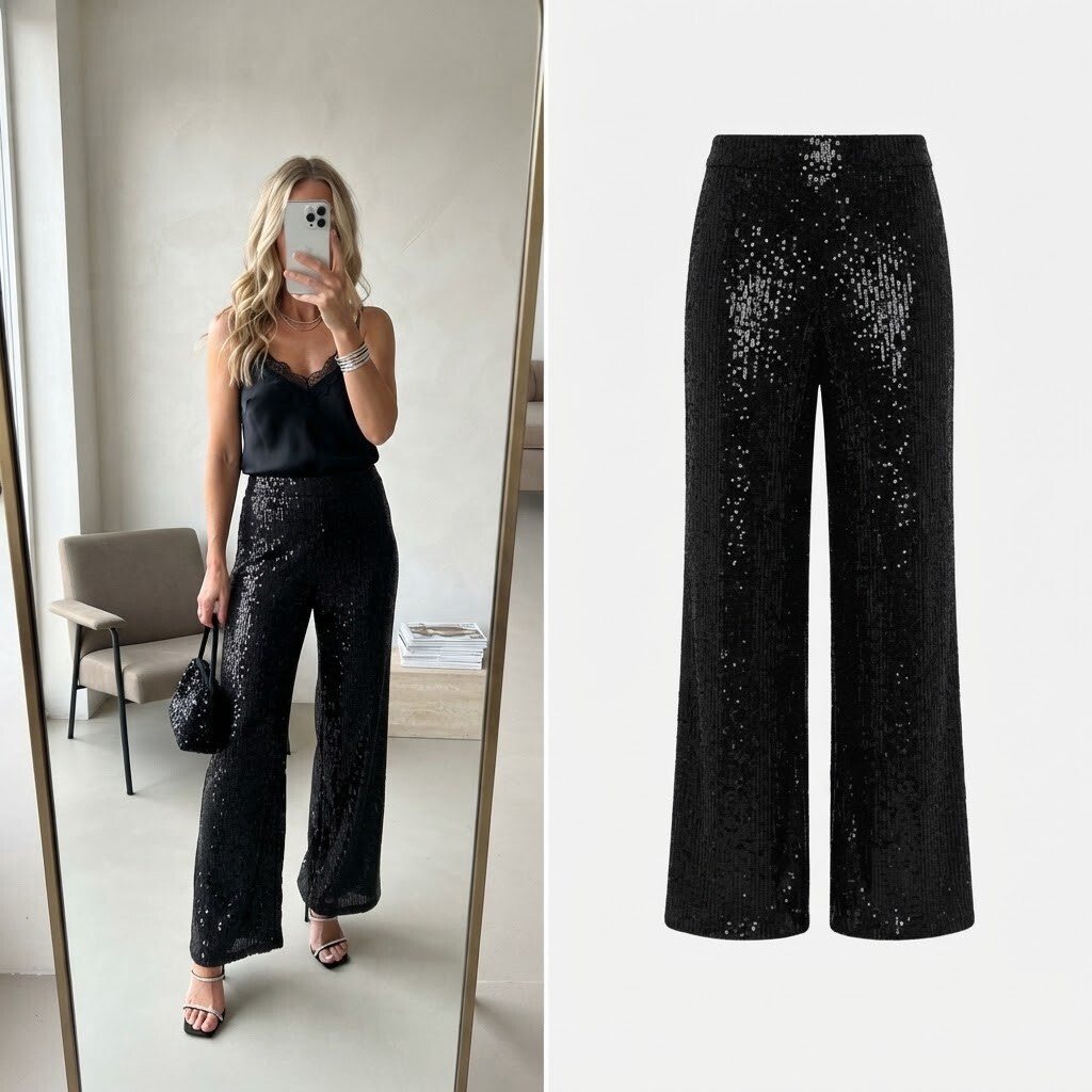 Massimo Dutti Black Sequin Wide Leg Trousers Size S