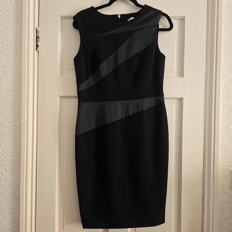 DKNY Black Bodycon Midi Dress Satin Panel Detail Sleeveless Occasion