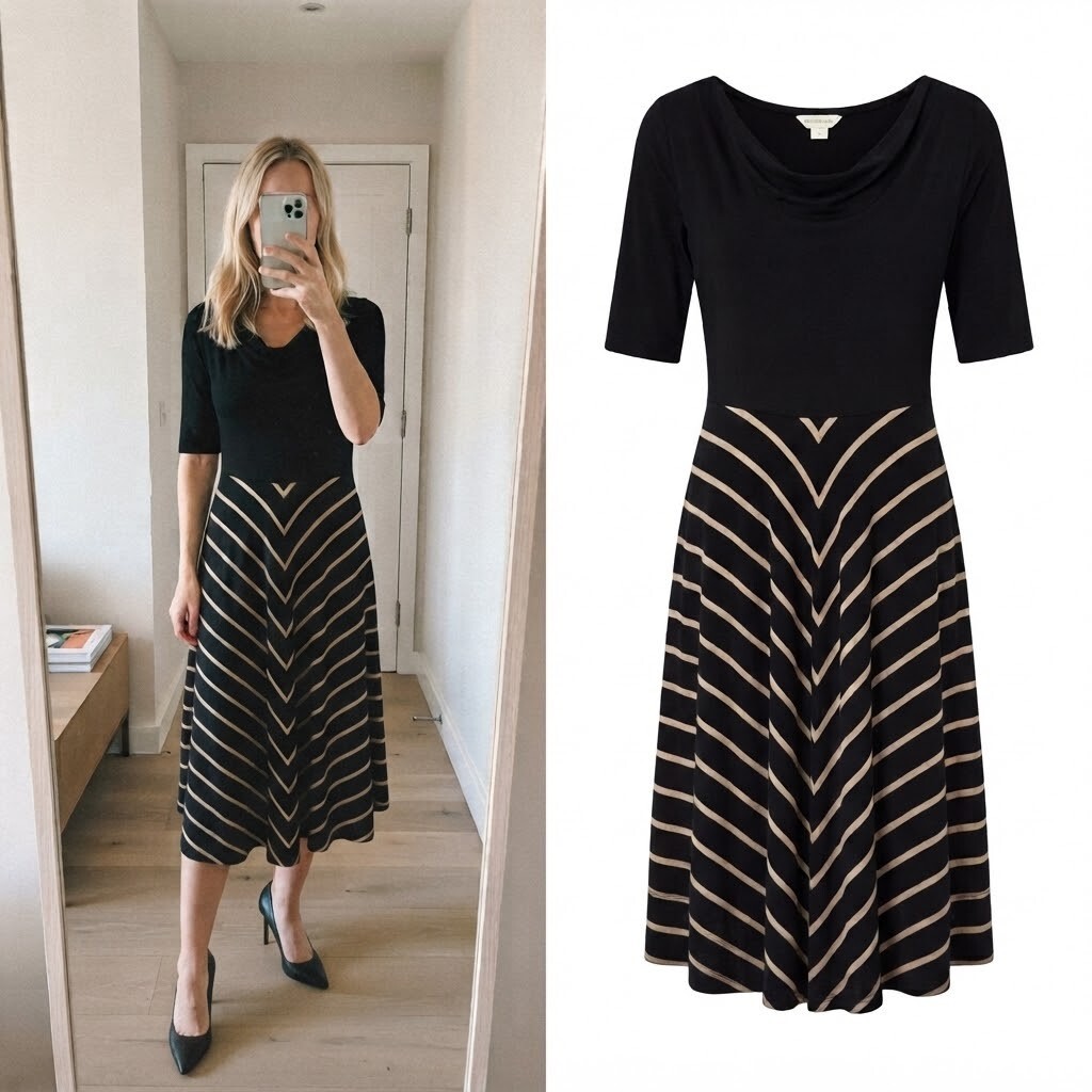 Monsoon Black Chevron Stripe Short Sleeve Cowl Neck Dress, Jersey, A Line, 10