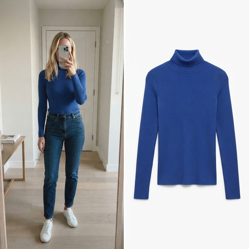 M&S Collection Blue Ribbed Turtleneck Top, size 8