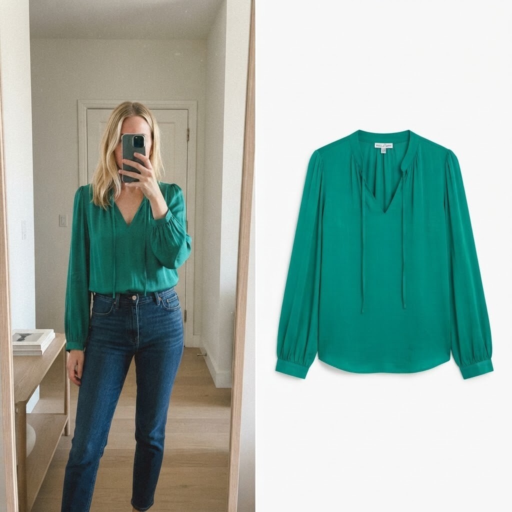 Maison d'Amelie Green Tie Neck Blouse Shirt, Relaxed fit, satin feel, size M