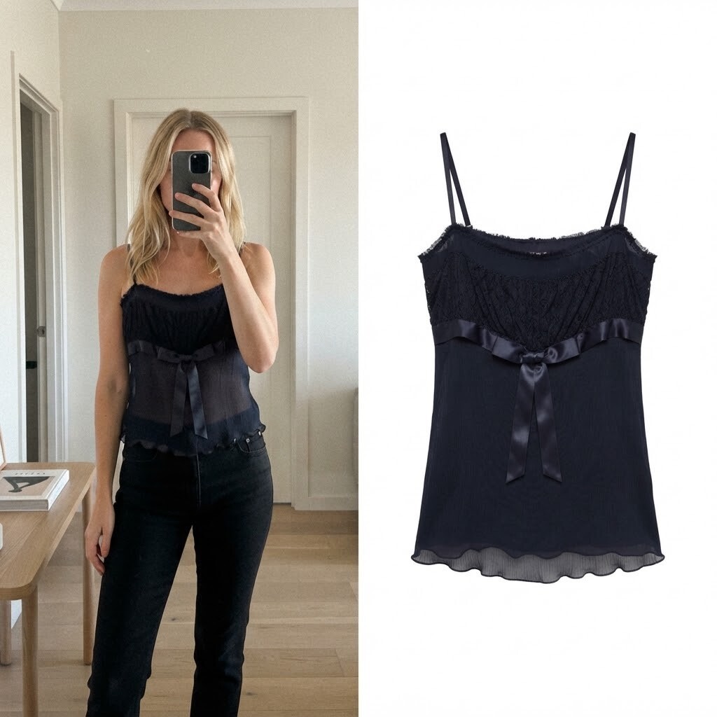 Whistles Vintage Silk Black Beaded Lace Trim Camisole, size 12