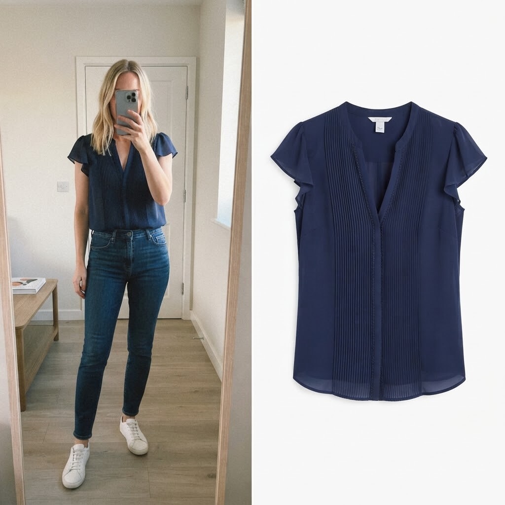 H&M Navy Pleated Flutter Sleeve Blouse Top, V Neck, size 12