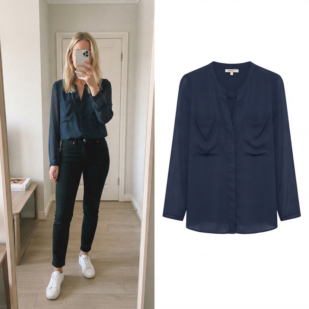 Limited Edition Navy Sheer Sleeve Blouse Shirt, V Neck, Front Pocket, Relaxed Fit, size 10