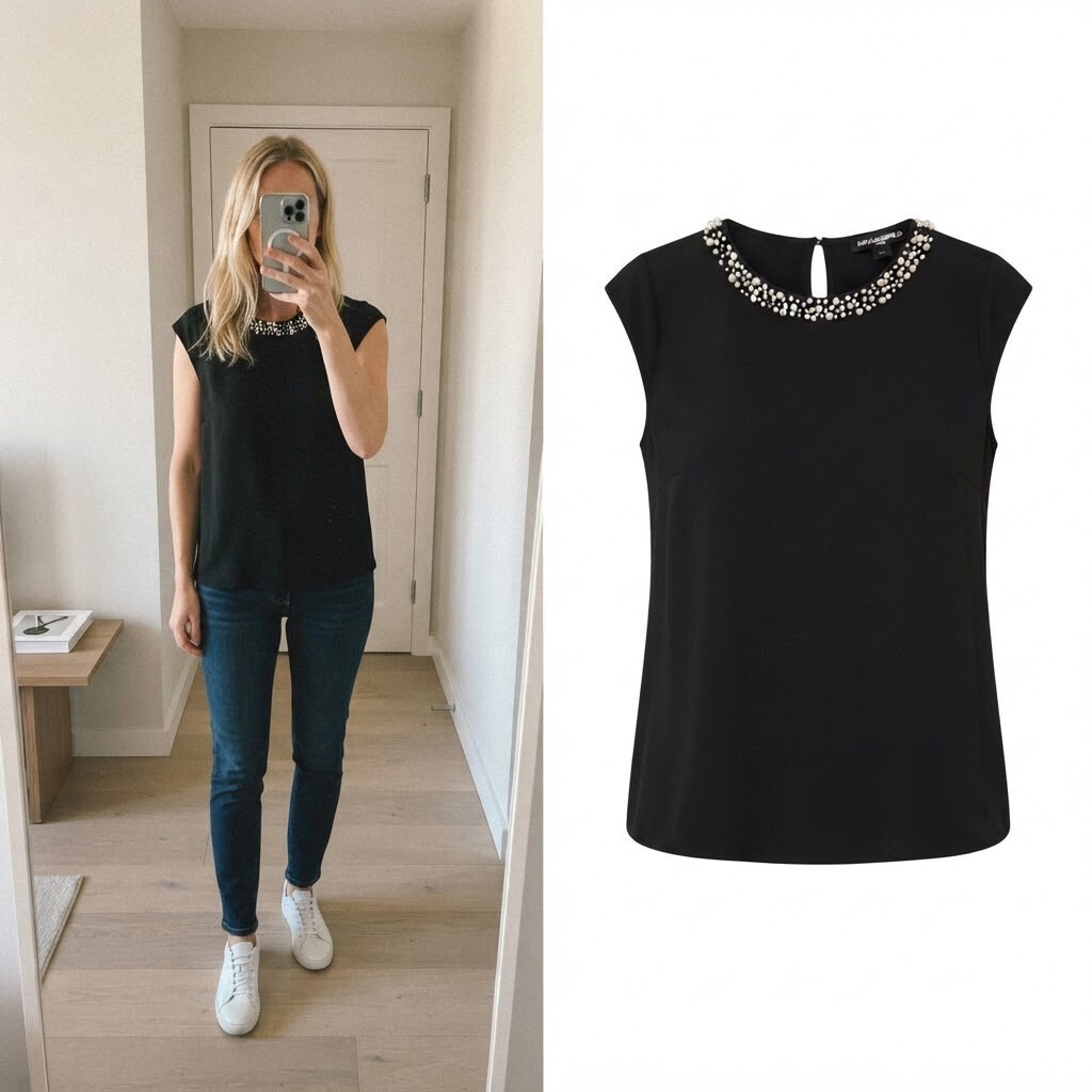 Karl Lagerfeld Paris Black Embellished Neck Sleeveless Top, designer, size M