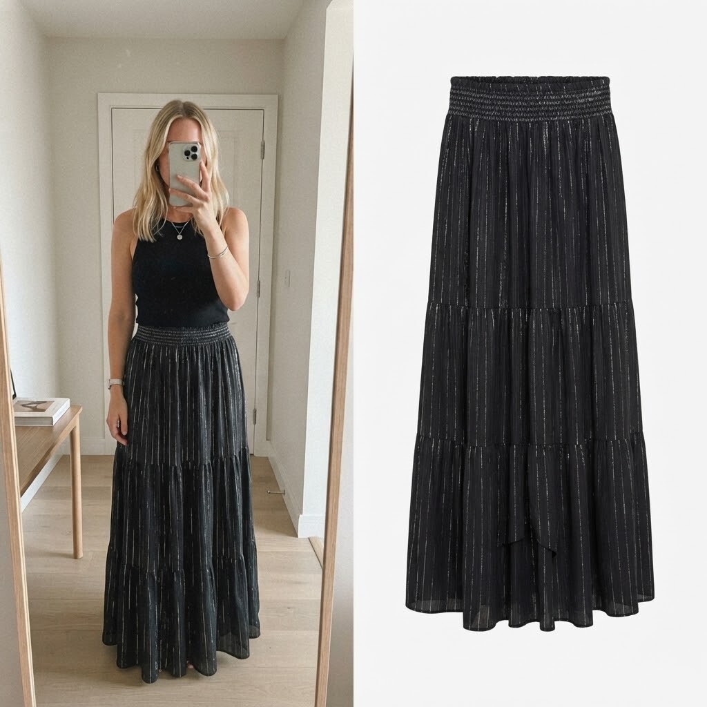 River Island Poolside Black Metallic Stripe Drop Hem Maxi Skirt, size M