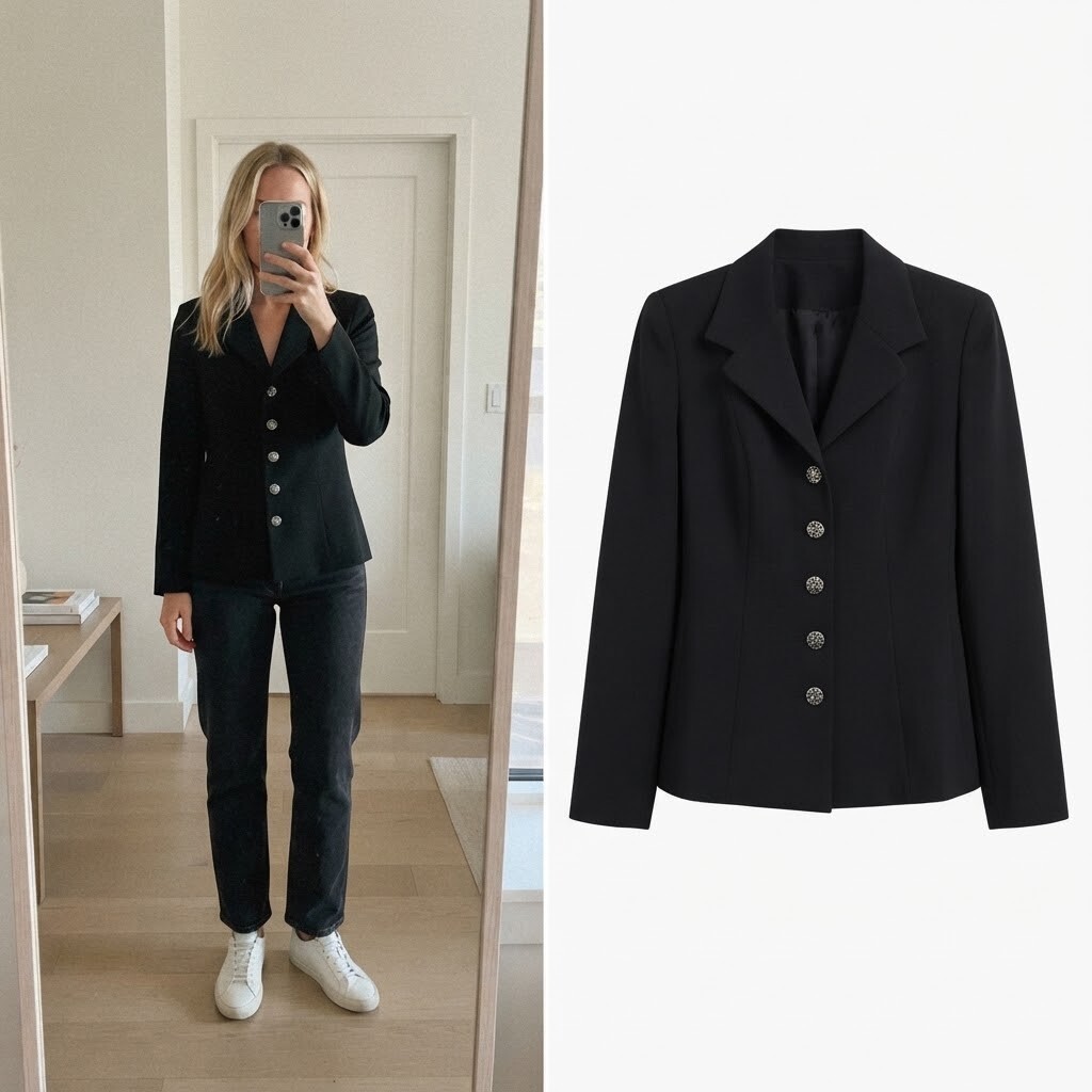 Black Tailored Blazer Single Breasted Jacket with Silver Decorative Buttons, size 8 / S