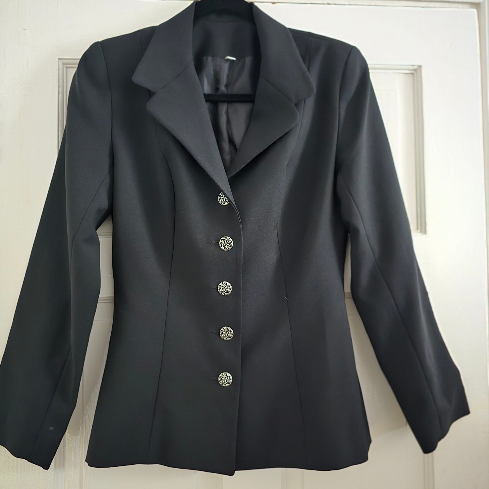 Black Tailored Blazer Single Breasted Jacket with Silver Decorative Buttons, size 8 / S image 2