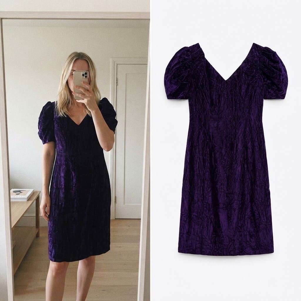 Purple Crushed Velvet Puff Sleeve Party Dress, bones, vintage, size 14