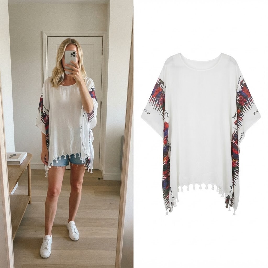 White Hakuna Matata Zanzibar Poncho Top, tassle trim, one size, holiday beach
