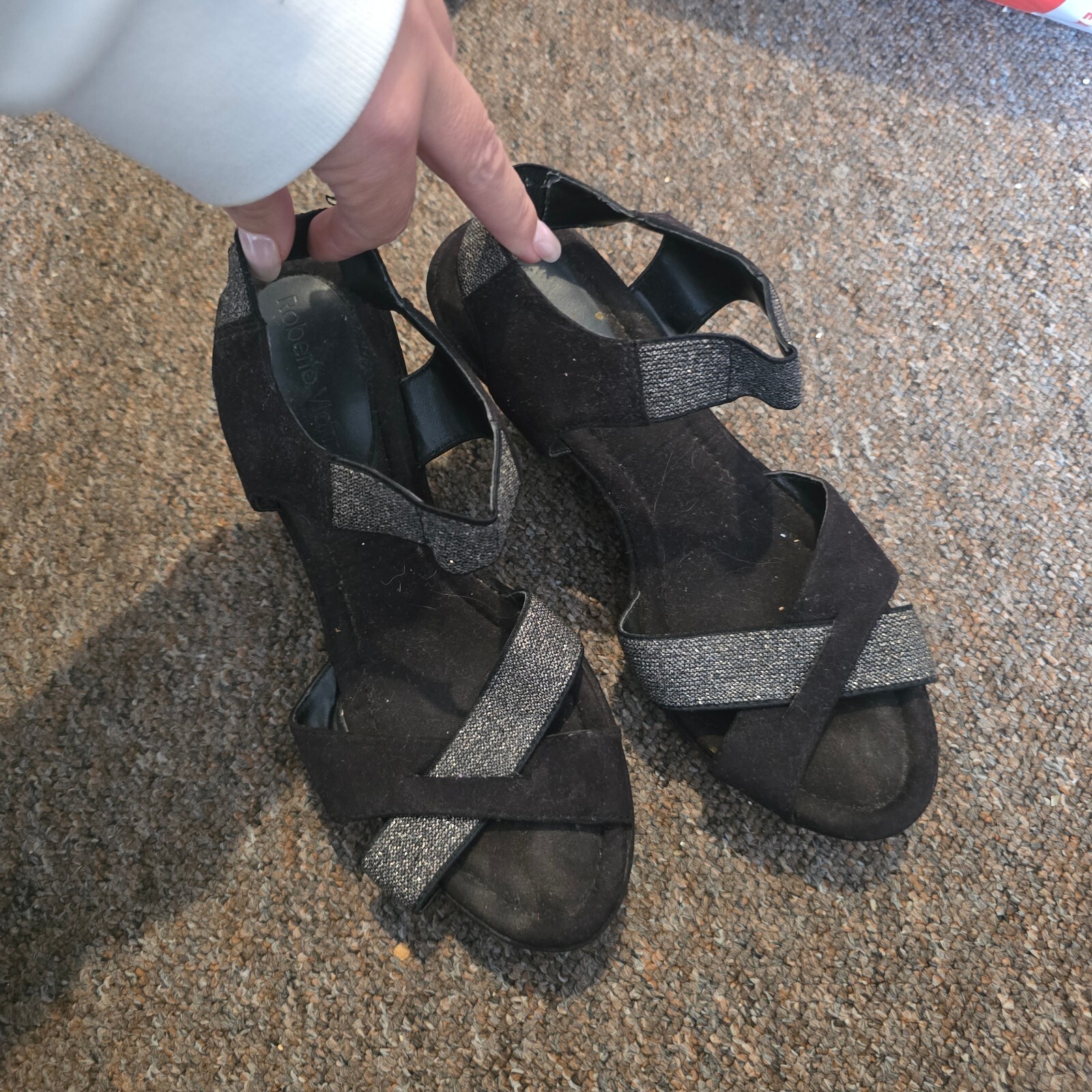 Women's Black Glitter Cross Strap Wedge Sandals