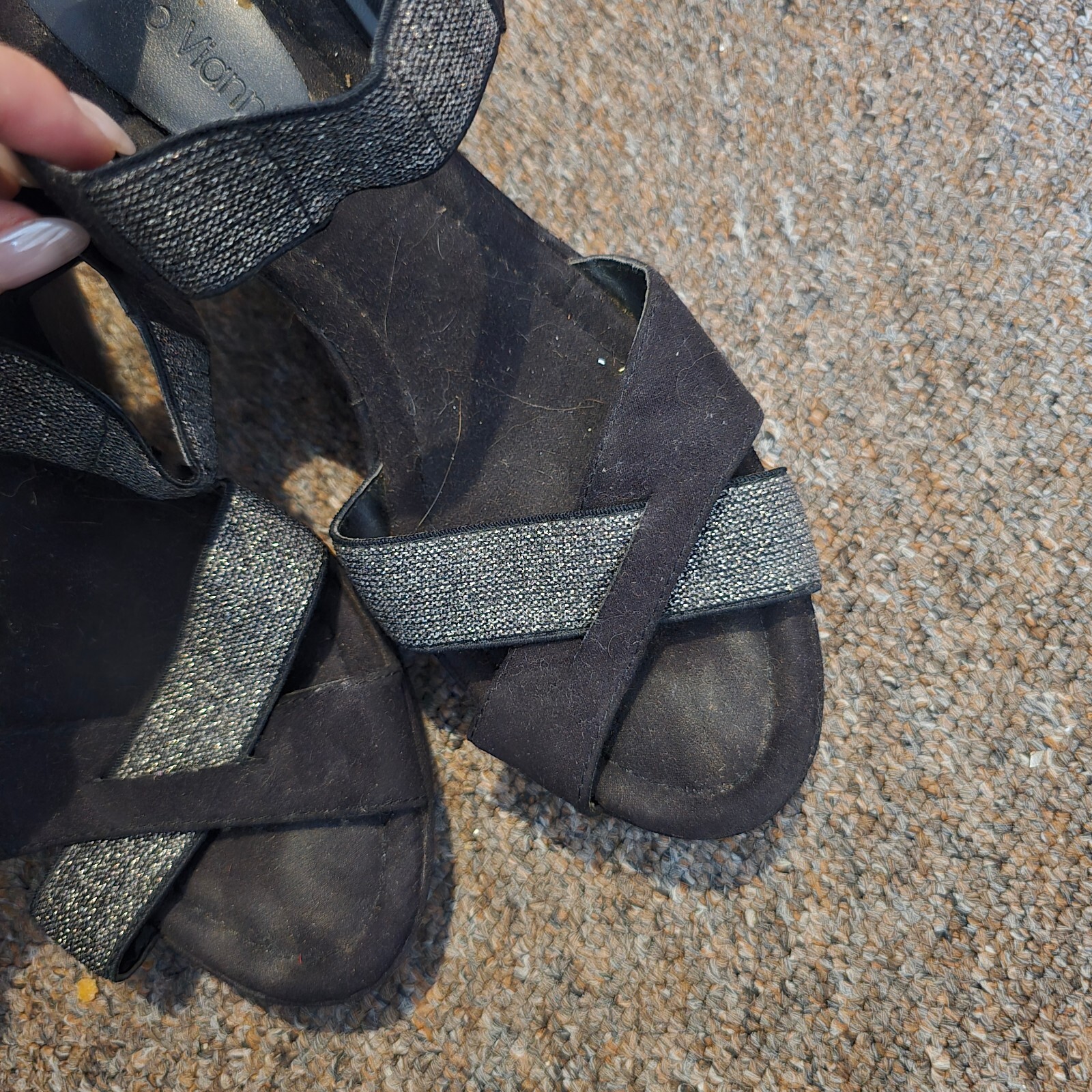 Women's Black Glitter Cross Strap Wedge Sandals image 4