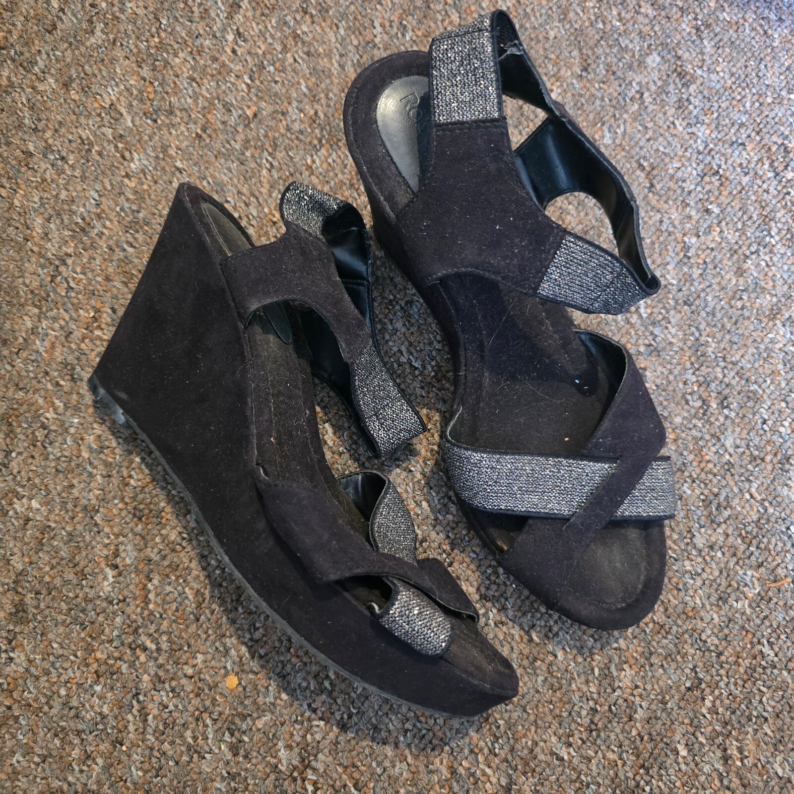Women's Black Glitter Cross Strap Wedge Sandals image 6