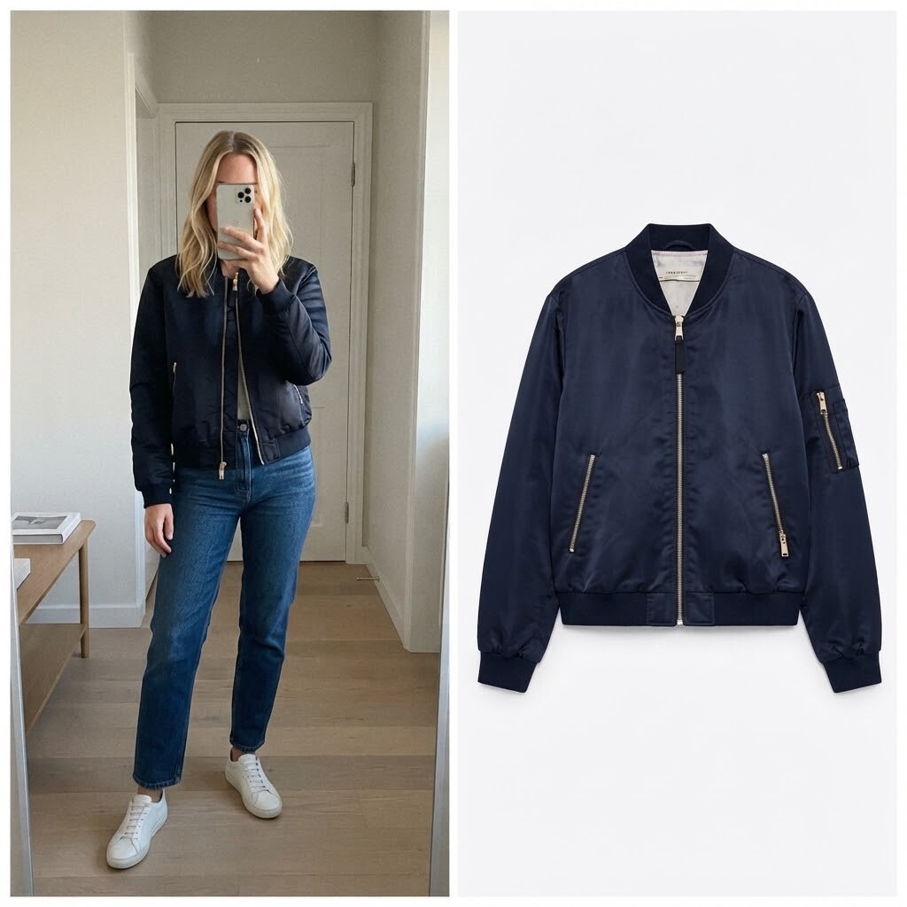 Zara Basic Black Bomber Jacket with Gold Zipper Details, size S, satin effect
