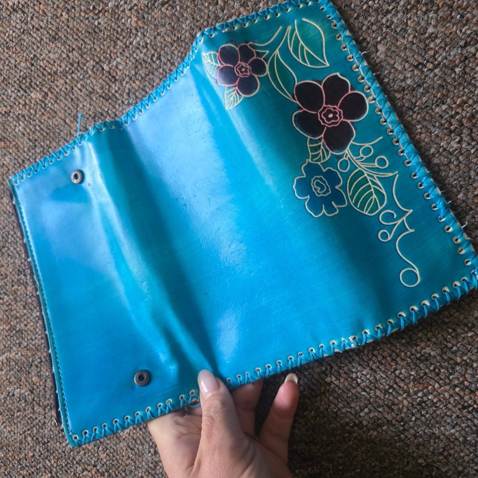Handmade Turquoise Leather Wallet with Floral Design