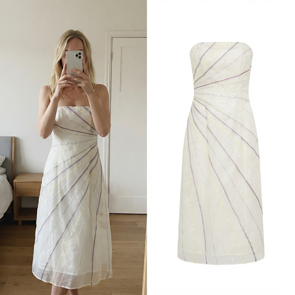 Coast Vintage Elegant White Evening Dress with Multicolour Striped Detail Size 8