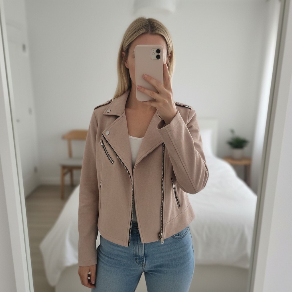 New Collection Women's Suede Effect Pink Cropped Biker Jacket Size S