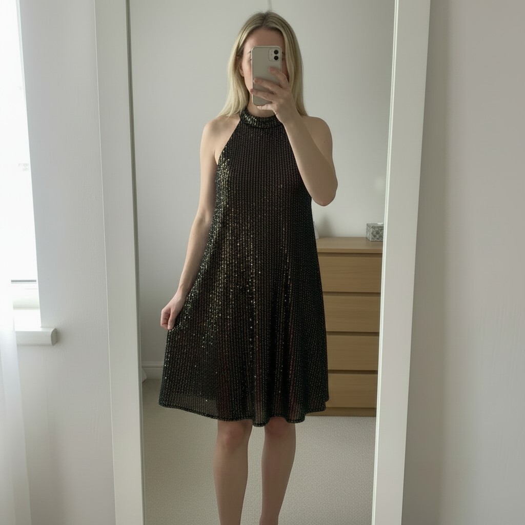 SHEIN Black Sequin Embellished Sleeveless Dress XL, high neck, relaxed fit