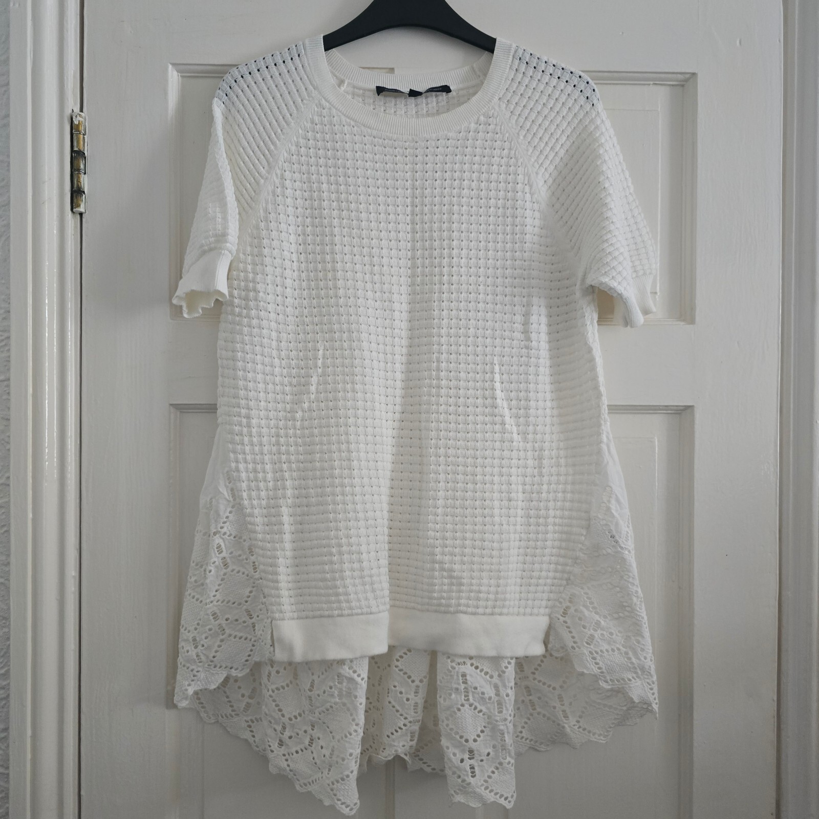 French Connection White Textured Knit Top with Lace Hem, Size S image 2