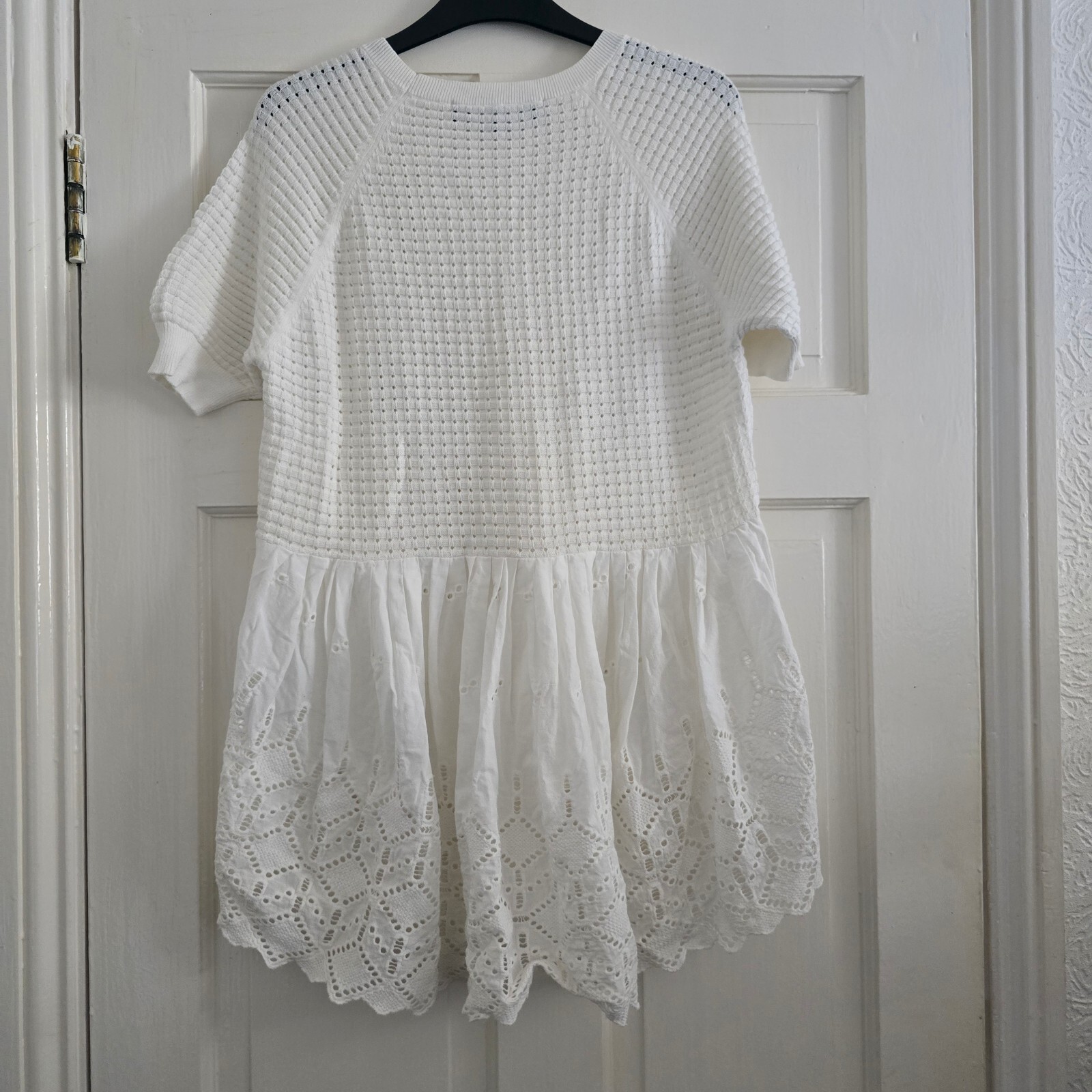 French Connection White Textured Knit Top with Lace Hem, Size S image 3