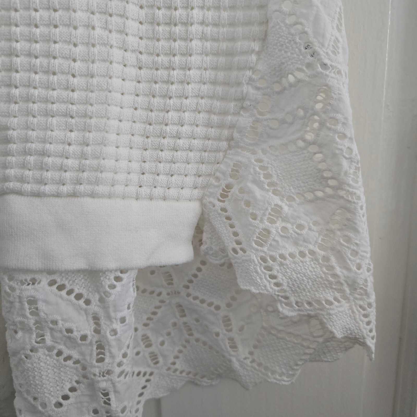 French Connection White Textured Knit Top with Lace Hem, Size S image 5