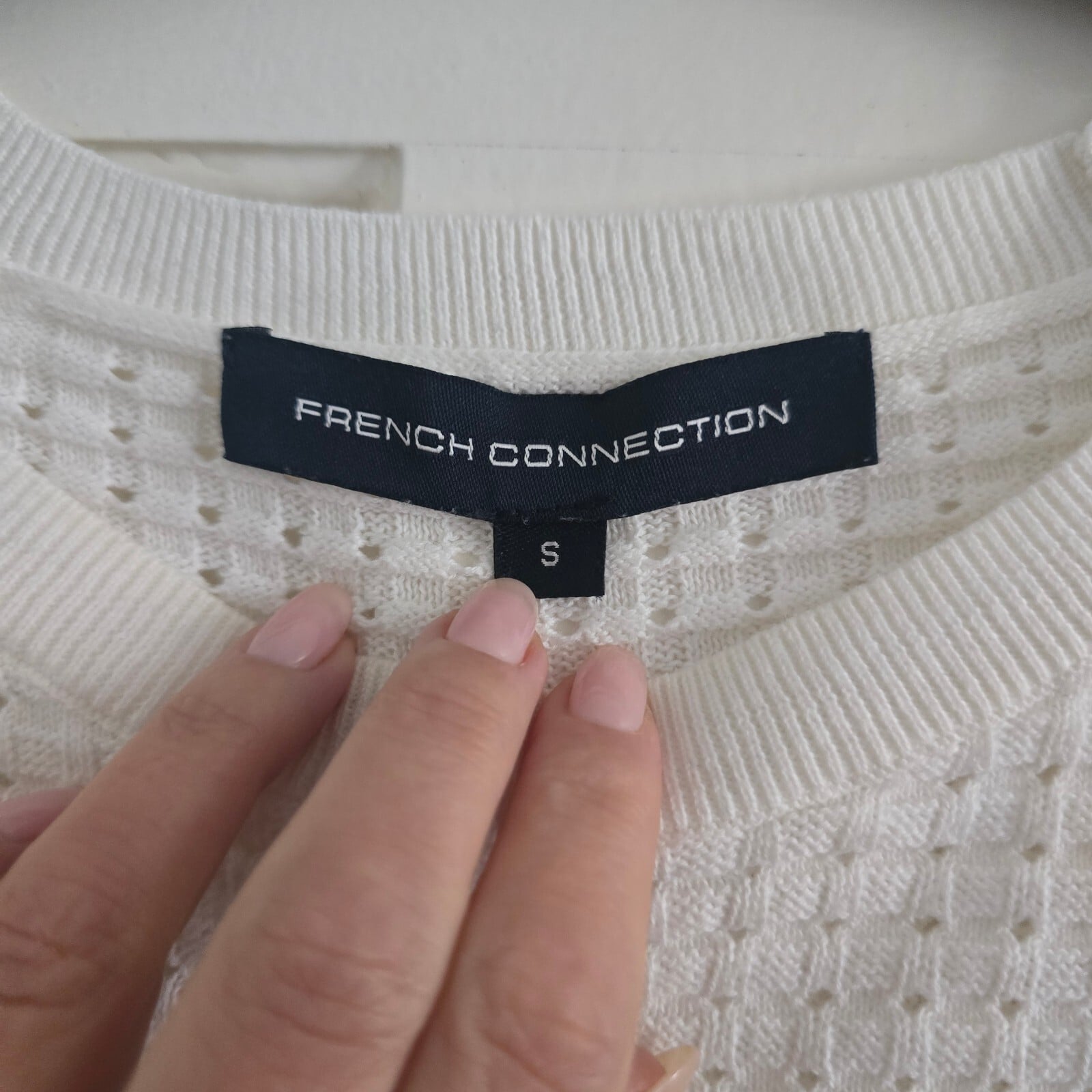 French Connection White Textured Knit Top with Lace Hem, Size S image 6