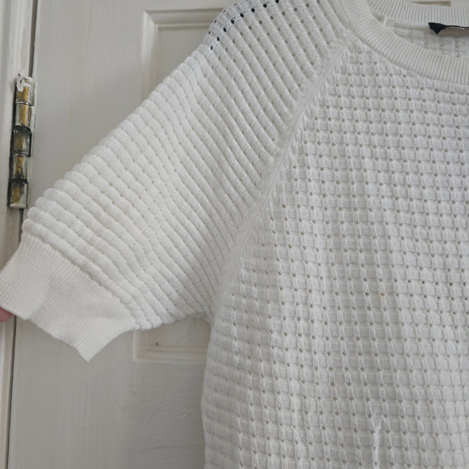 French Connection White Textured Knit Top with Lace Hem, Size S image 7