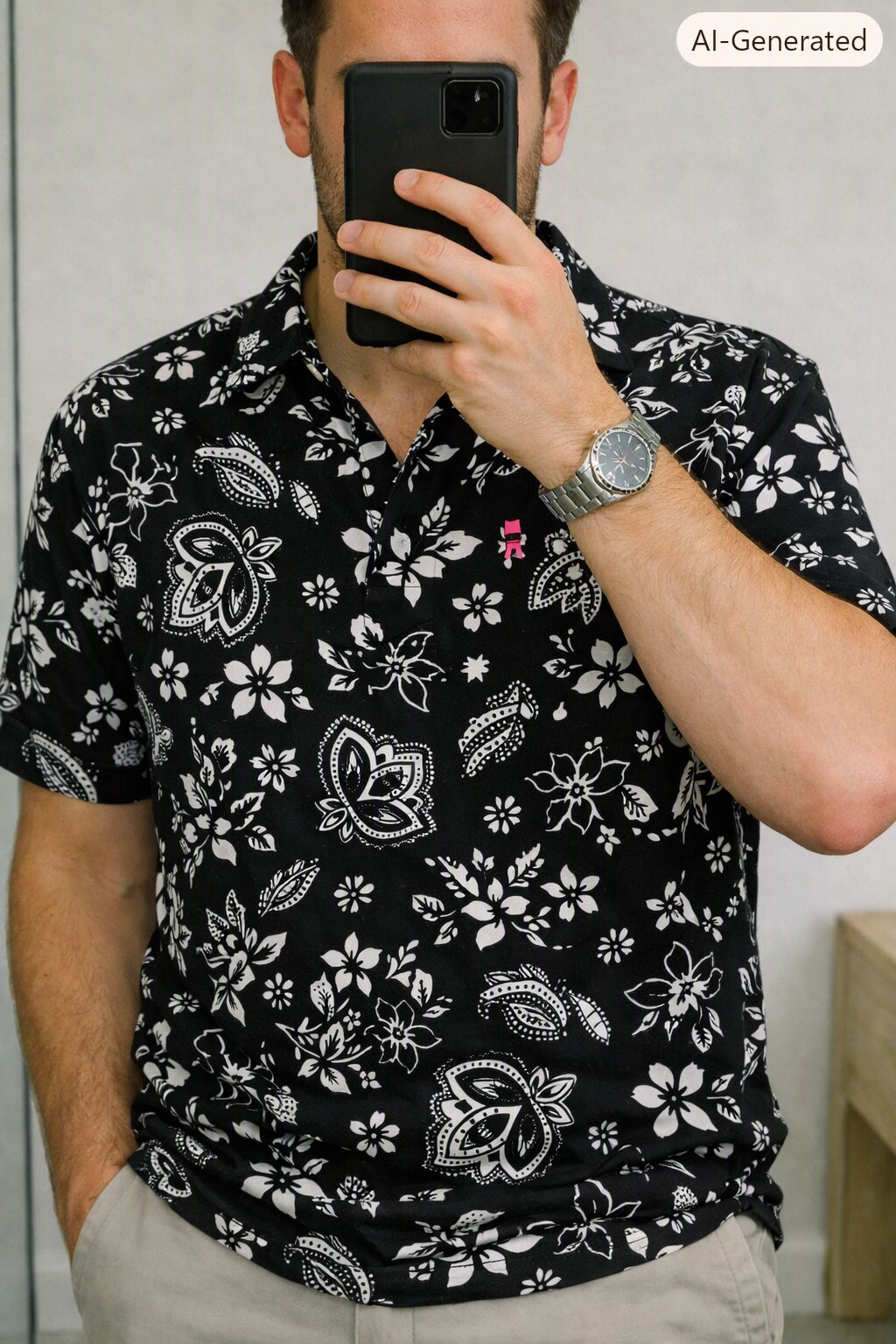 Peacocks Mens Black and White Floral Short Sleeve Button Up Shirt Size M