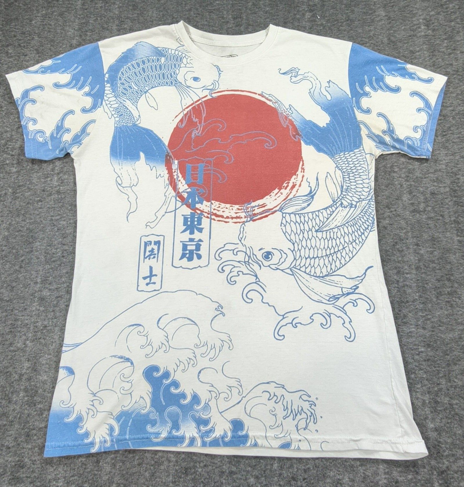 Fresh Laundry White, Blue & Red Men's Graphic T-Shirt Lrg AOP Japan Koi Kanagawa
