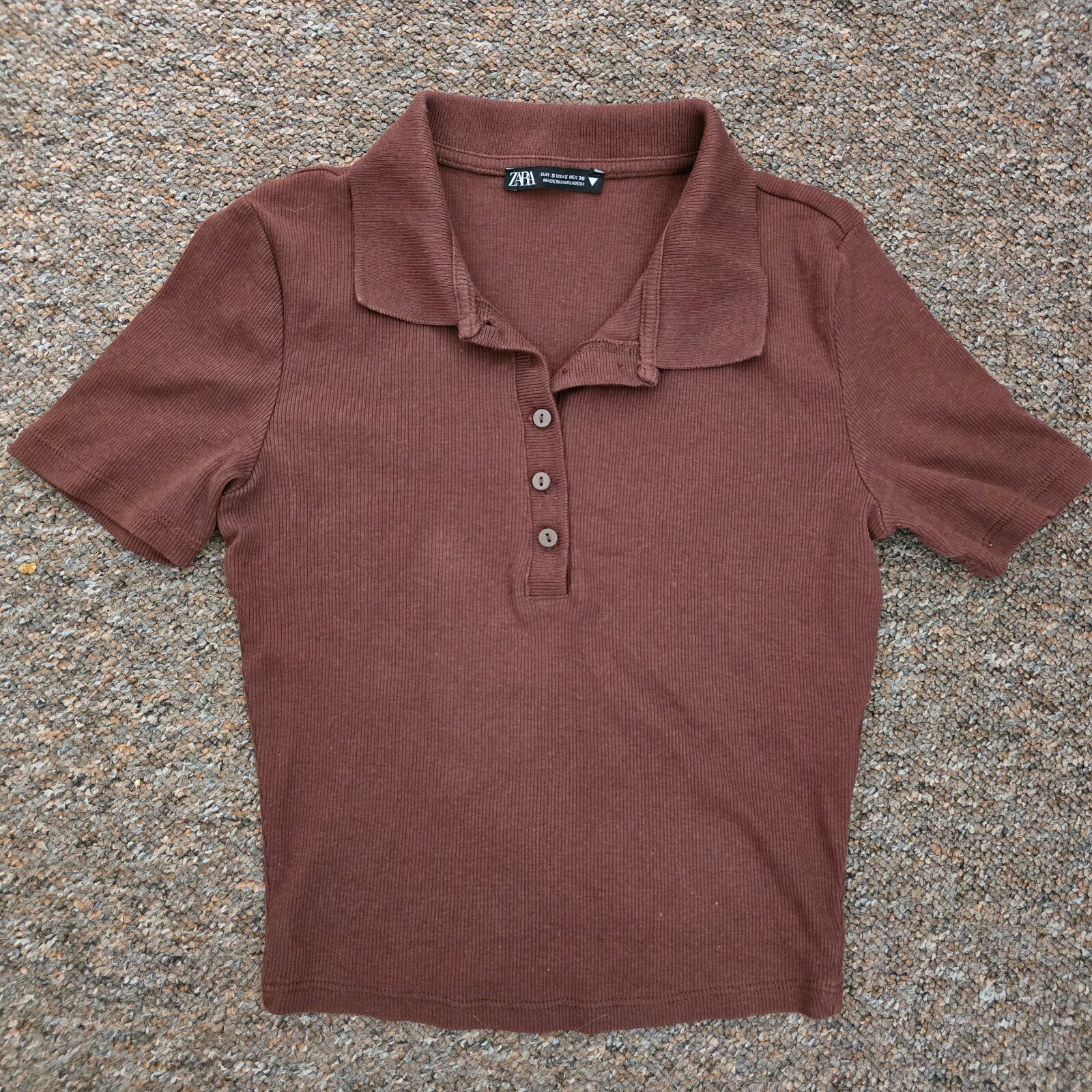 Zara Brown Ribbed Polo Shirt, size S, cropped length