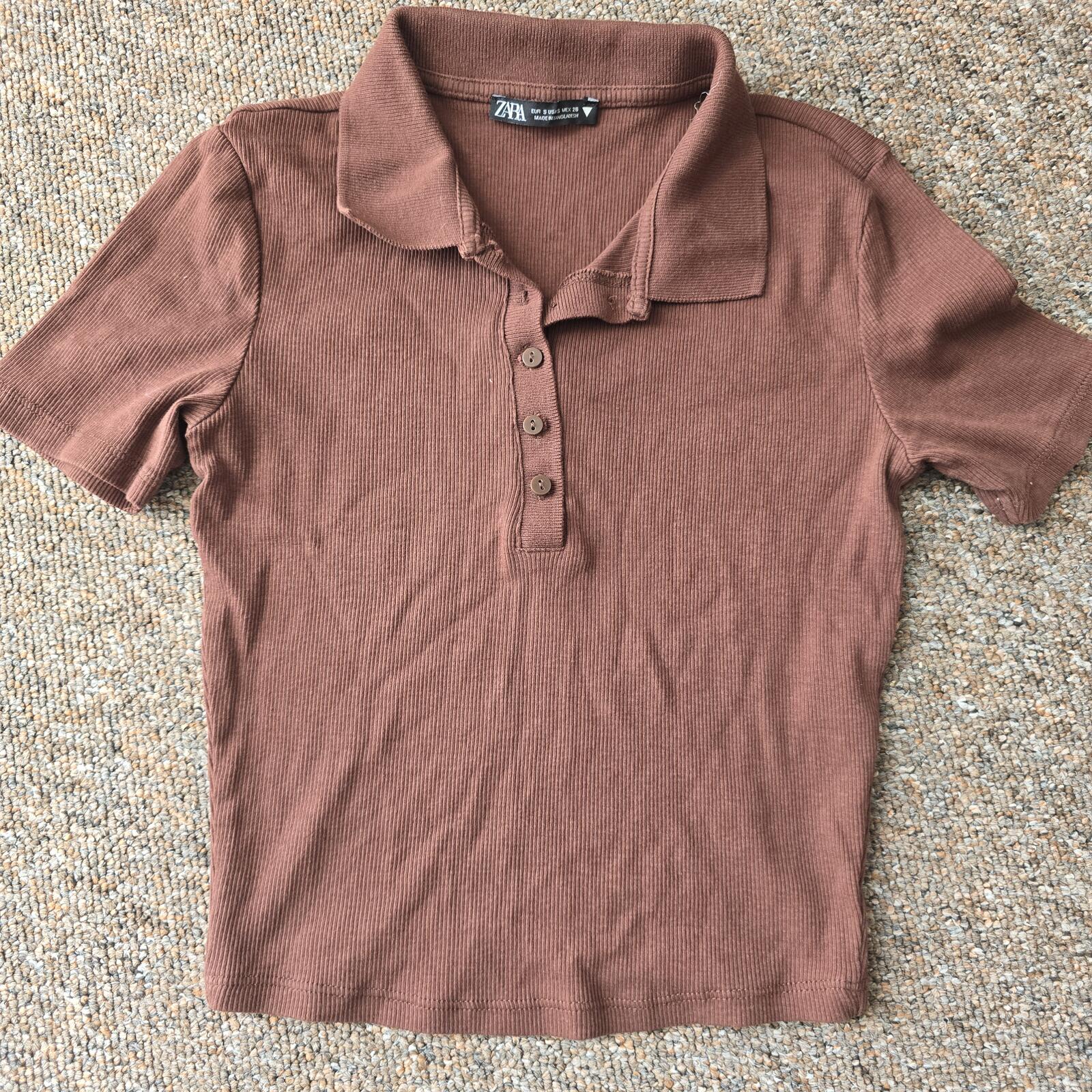 Zara Brown Ribbed Polo Shirt, size S, cropped length image 2